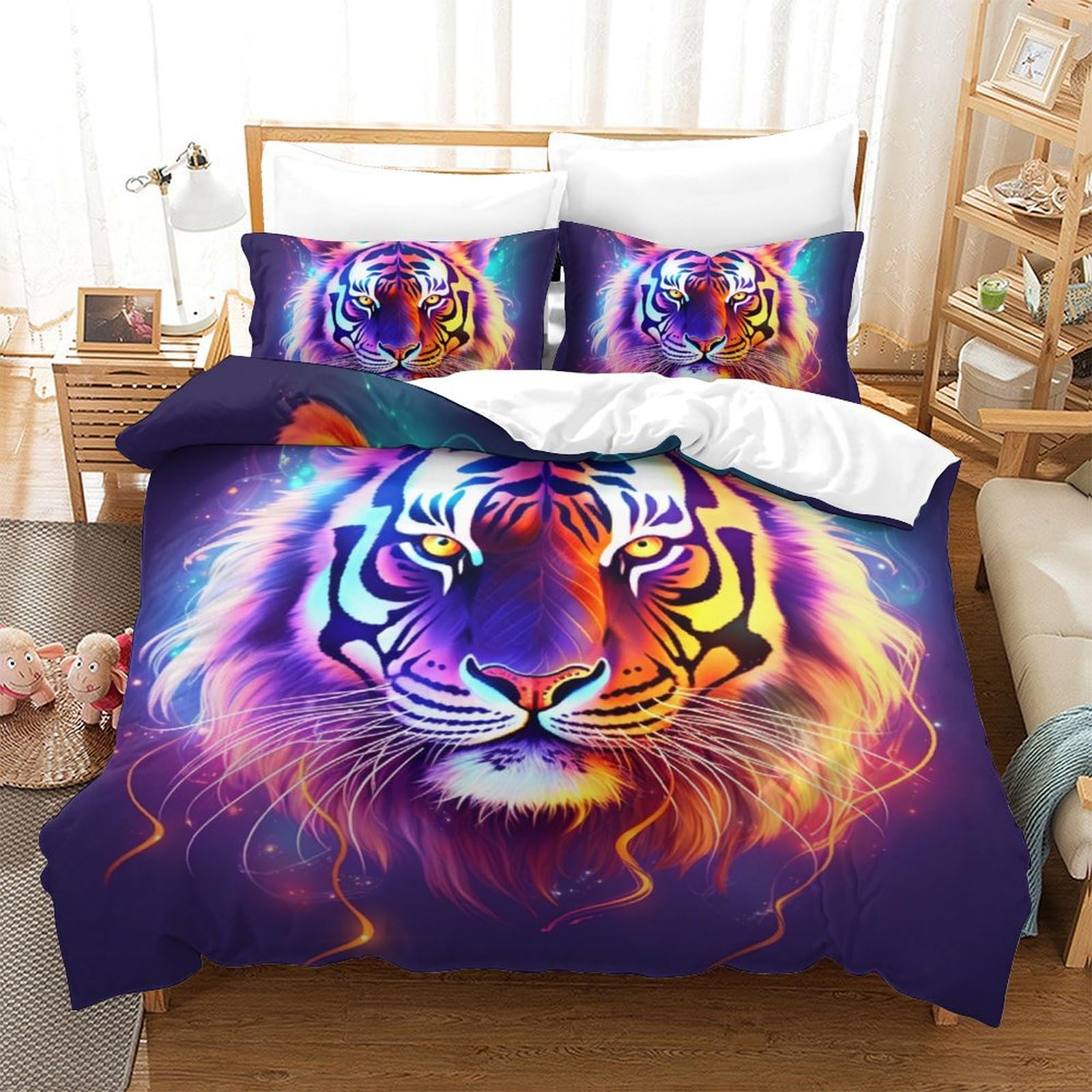 Parure de lit tigre 3D housse de couette double anti-plis en microfibre douce pour sommeil réparateur