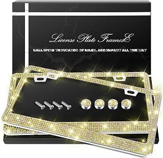 QUANQIUFEI 2 Pack Bling License Plate Frames, Sparkly Rhinestone Diamond Car License Plate Cover for Women, Stainless Steel Car Accessories with Glitter Crystal Caps (Golden)