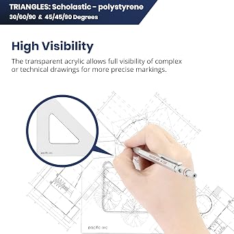 Pacific Arc's Scholastic Triangle - 4 inch - Clear - 30/60 Angle - Polystyrene - Plain Edge - Technical Drawing Tools, Drafting, Architect and Engineering.