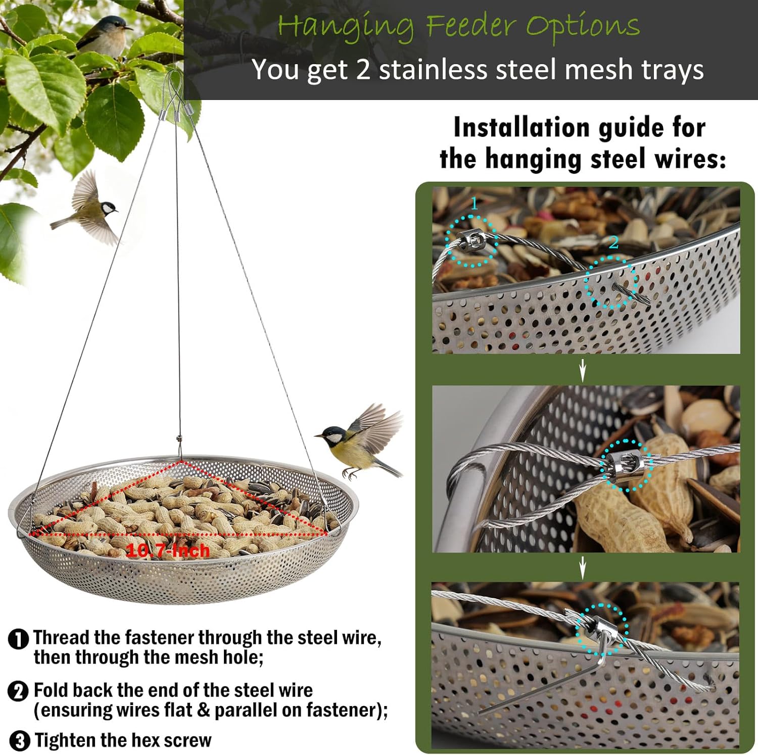 13-Inch Ground Bird Feeder, Stainless Steel Ground Feeding Platform for Wild Birds, Squirrels, Rabbits, Chicken with Additional Birdseed Feeder Tray, Attract Creatures for Backyard, Patio