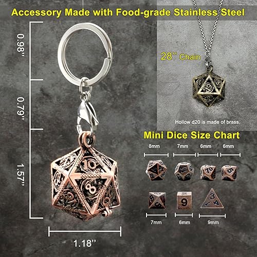 Miniatura 5 de Haxtec Juego de dados pequeños de metal DND con cobre hueco D20, collar D20, juego de dados pequeños antiguos, llavero D&D, portátil, 7 piezas