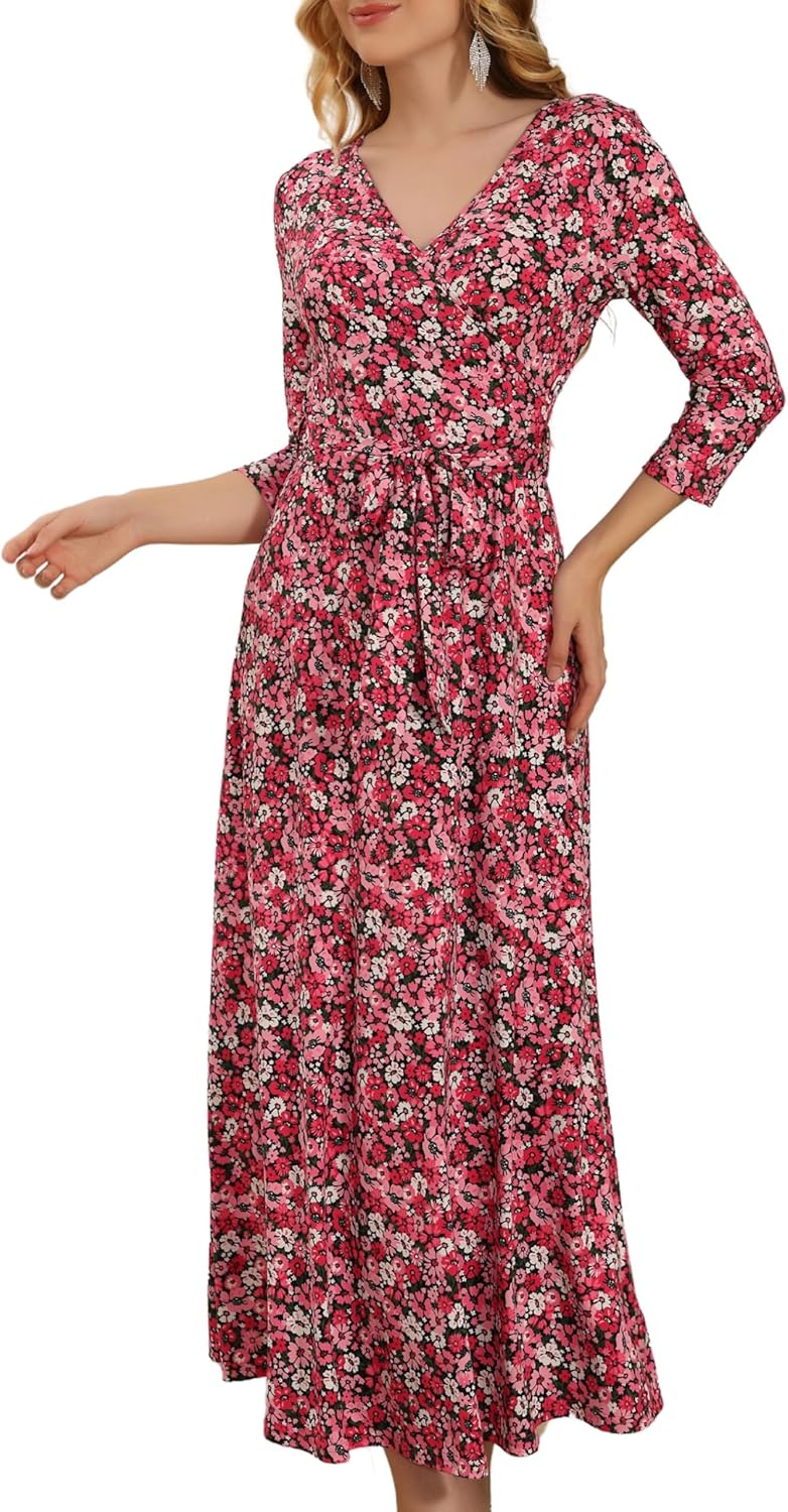 Aphratti Women's Maxi Dresses Summer 3/4 Sleeve V Neck Faux Wrap Flowy Spring Long Floral Maxi Dress