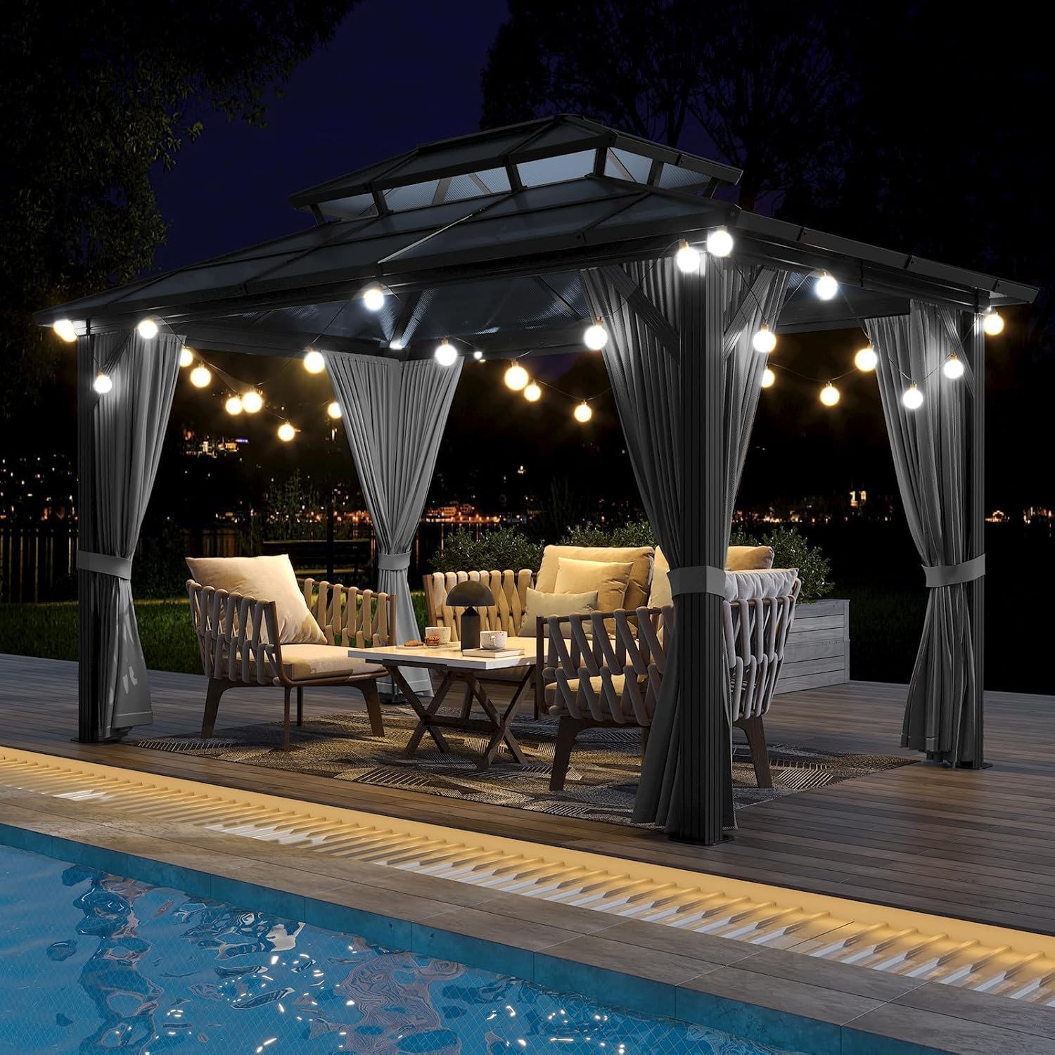 12'x10' Hardtop Gazebo, Heavy Duty Aluminum Permanent Hardtop Gazebo Outdoor Pavilion with Curtains and Netting for Garden (Gray, PC Top / 12'x10')
