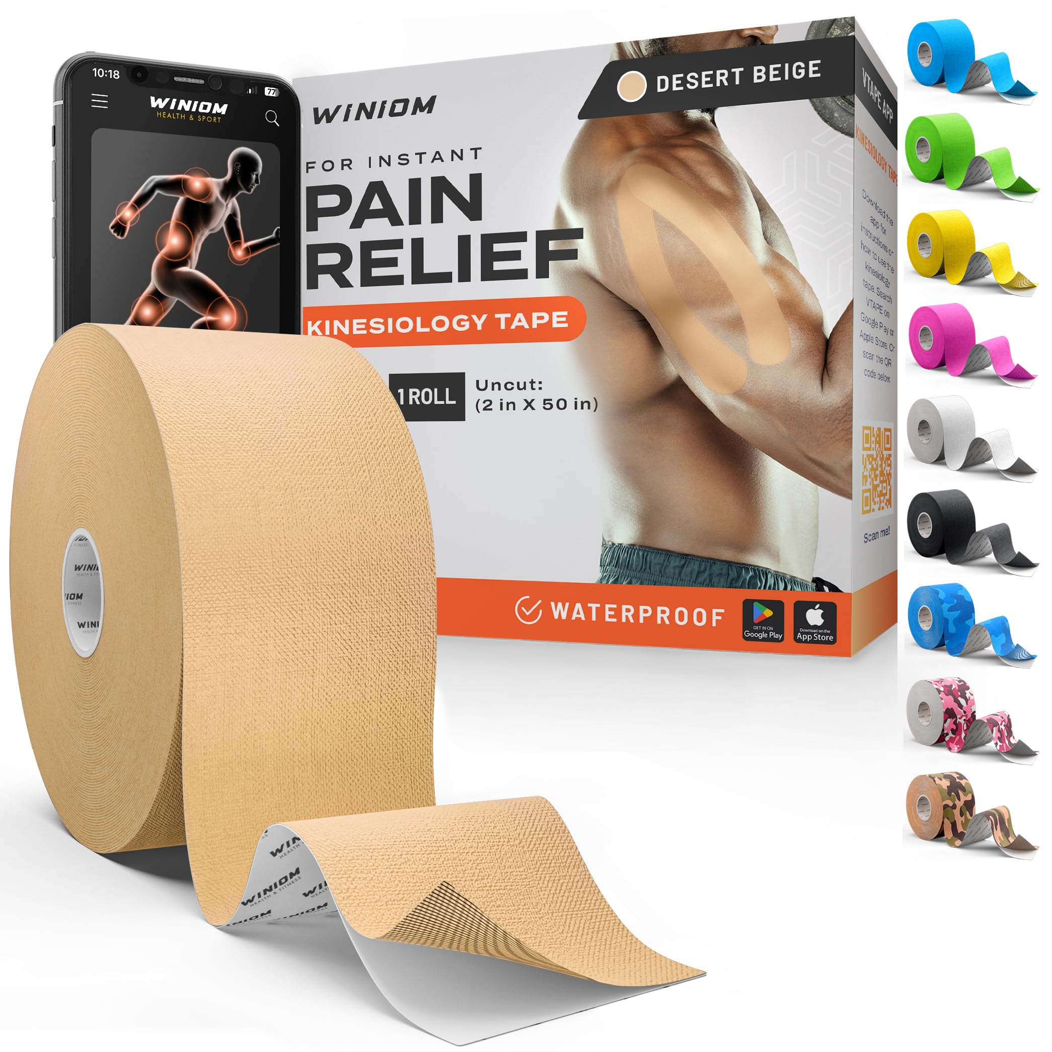 Kinesiology Tape - Waterproof Athletic Tape, Uncut Roll 2"x50ft