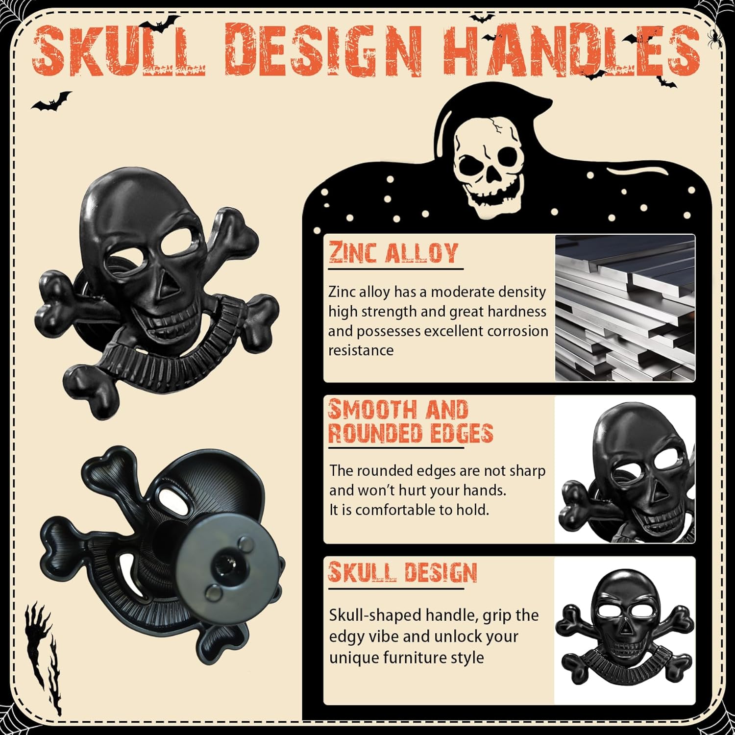 8PC Skull Skeleton Cabinets Knobs, Gothic Drawer Knobs Cool Skull Bookcases Dresser Pulls Vintage Cabinet Pulls Used for Kitchen Cupboard Bathroom Wardrobe Hardware Furniture (Black)