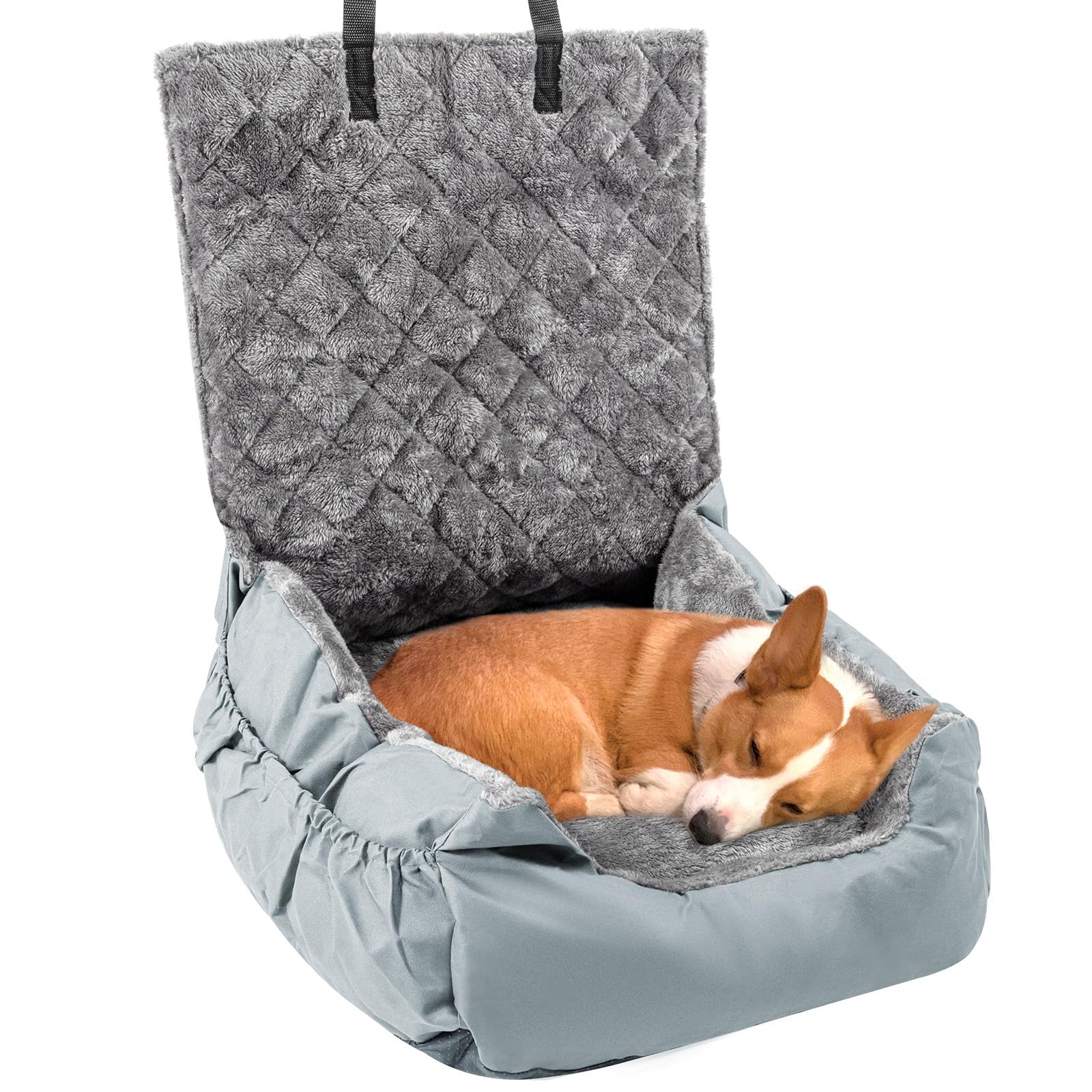 Plush Dog Car Seat for Small Dogs & Cats, Comfortable Pet Car Seat with Safety Leash & Non-Slip Base, Car Seat Bed with Storage Pocket, Soft Secure Small Dog (Style2-Grey, One Size)