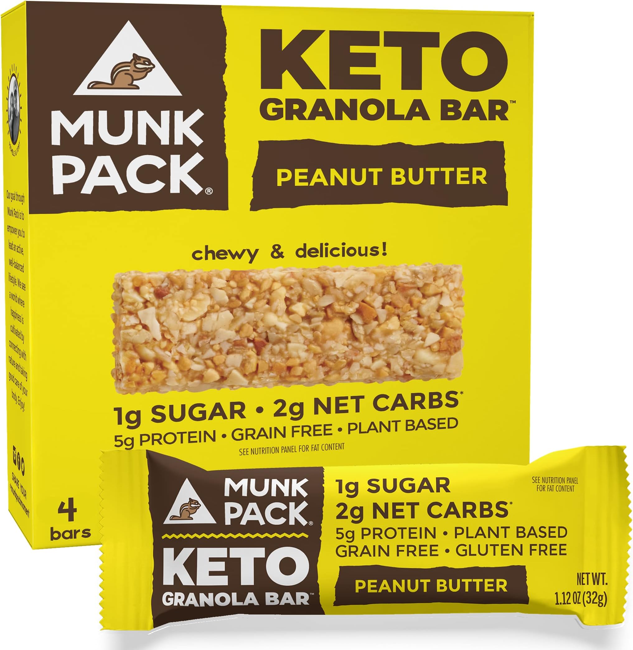 Munk Pack Keto Granola Bar, Grain Free, Vegan, 1g Sugar, 2g Net Carbs, 5g Protein, Peanut Butter, 1.12 Ounce (Pack of 4)