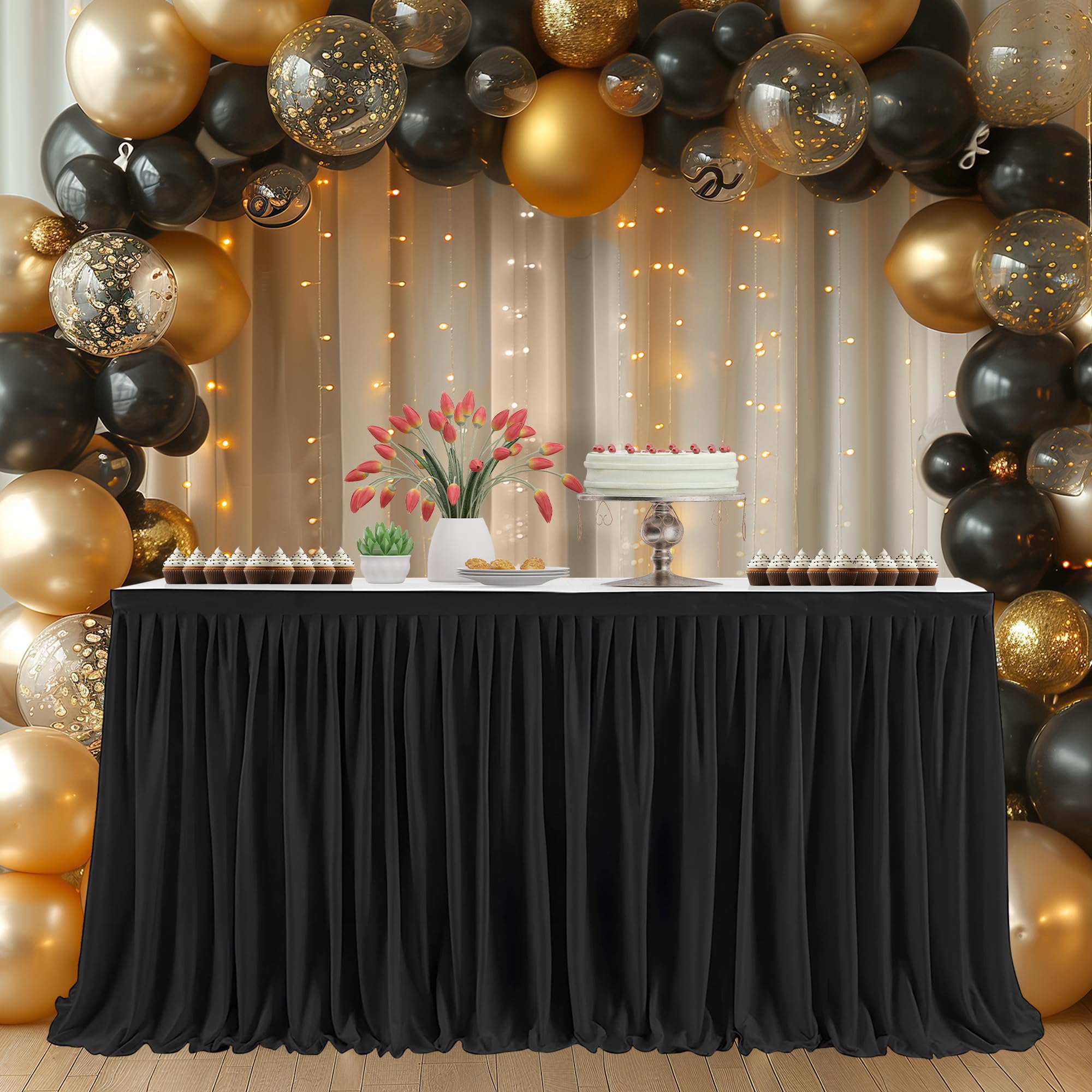 EVENT DECOR SHOP Czarna spódnica stołowa 6,4 m – plisowana poliestrowa spódnica stołowa na prostokątne stoły, elegancki obrus na wesela, imprezy, baby shower, wydarzenia, bankiety i wystrój domu
