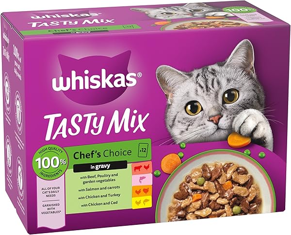 Whiskas Tasty Mix Adult Wet Cat Food in Gravy, presented in a multipack of 85g pouches.