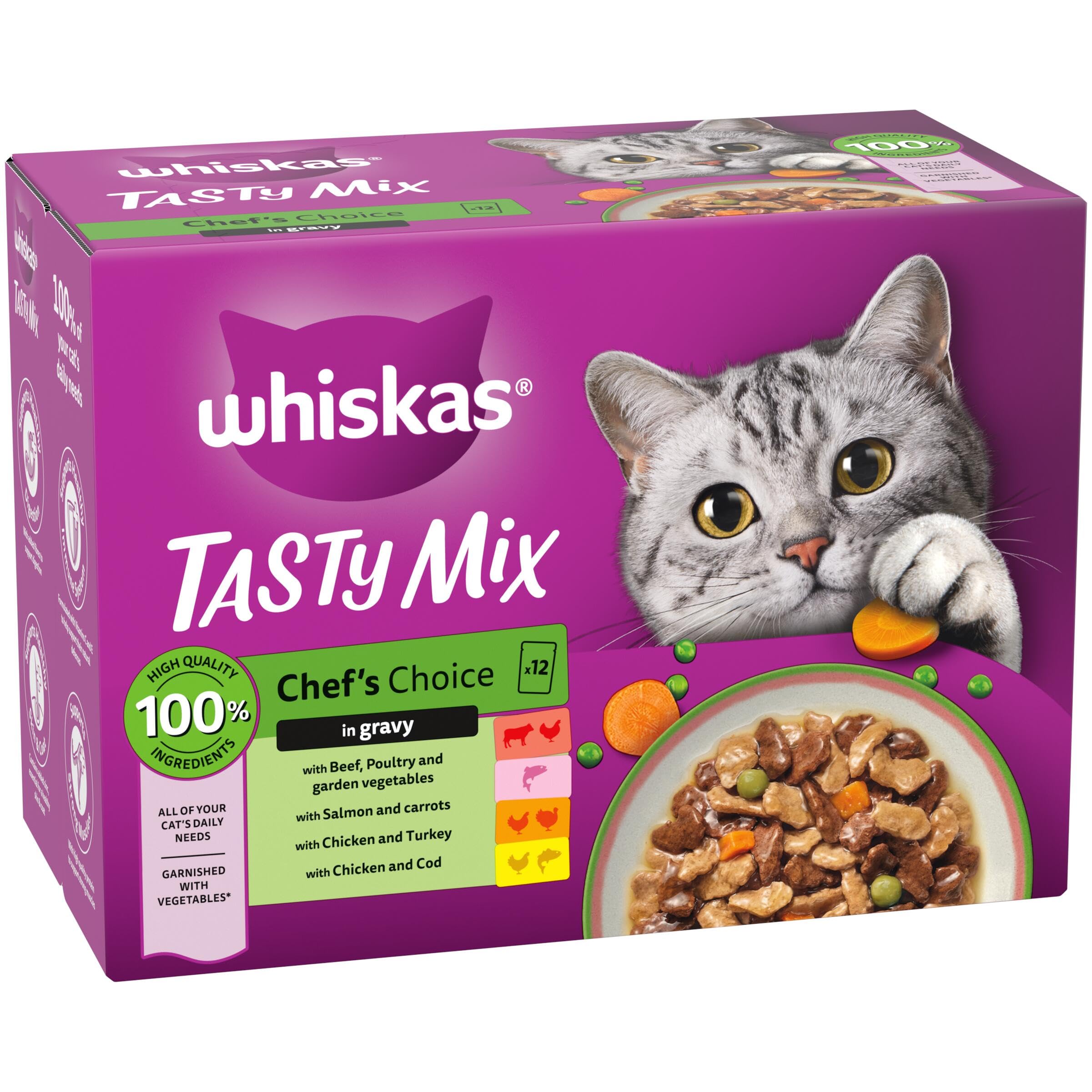 WHISKAS TASTY MIX Adult Wet Cat Food in Gravy 12x85g Chefs Choice (Pack of 4) - 2