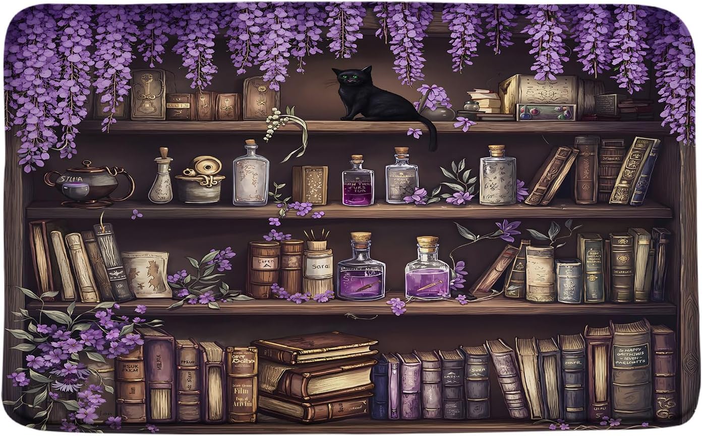 GCTNBJL Bookshelf Bath Mat Purple Flower Vintage Library Bookcase Black Cat Retro Wall Art Home Office Bedroom Doormat Bathroom Toilet Floor Rug,24x48 Inch