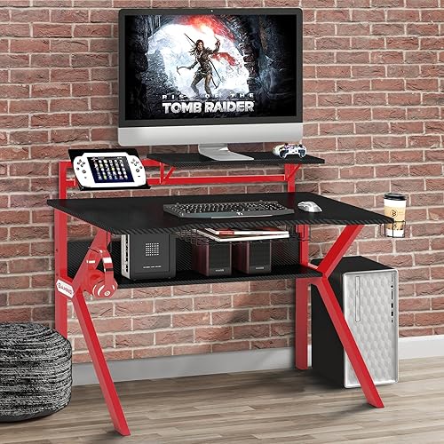 Escritorio de madera para juegos de 54 pulgadas, escritorio ergonómico para juegos de computadora con estante elevado para monitor y texturas 3D de