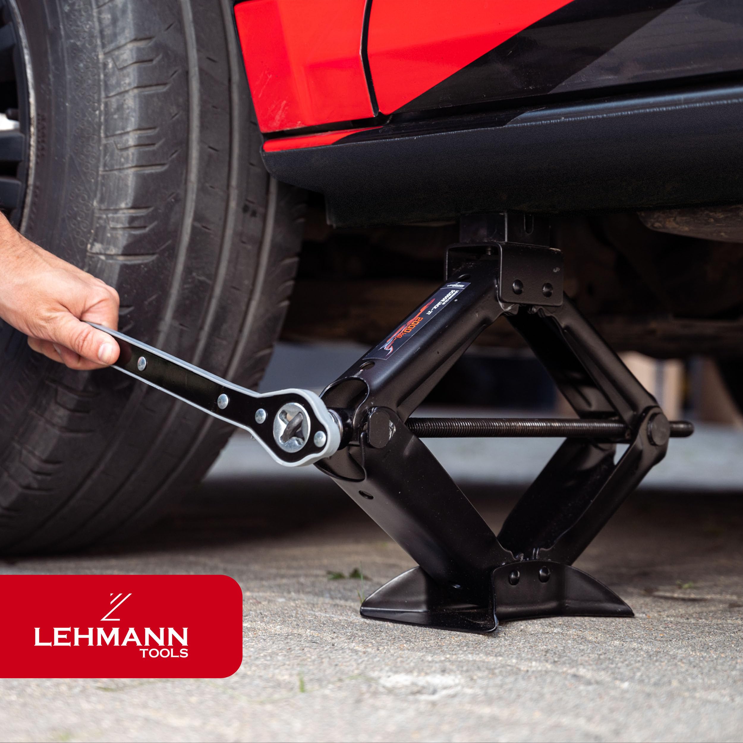 LEHMANN Cric Auto 2T - Cric a Forbice con Chiave a Cricchetto - Regolabile in Altezza 120–420mm – Cuscinetto in Gomma Integrato – ideale per Manutenzione, Riparazione e cambio gomme - Portatile
