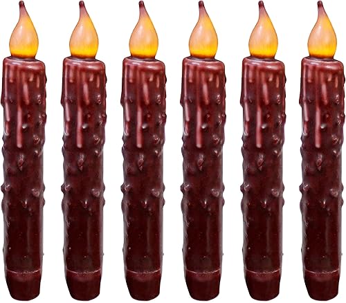 CVHOMEDECO. Velas de cera real sumergidas a mano, funciona con pilas, temporizador, velas rústicas primitivas sin llama, 6-34 pulgadas, borgoña, 6