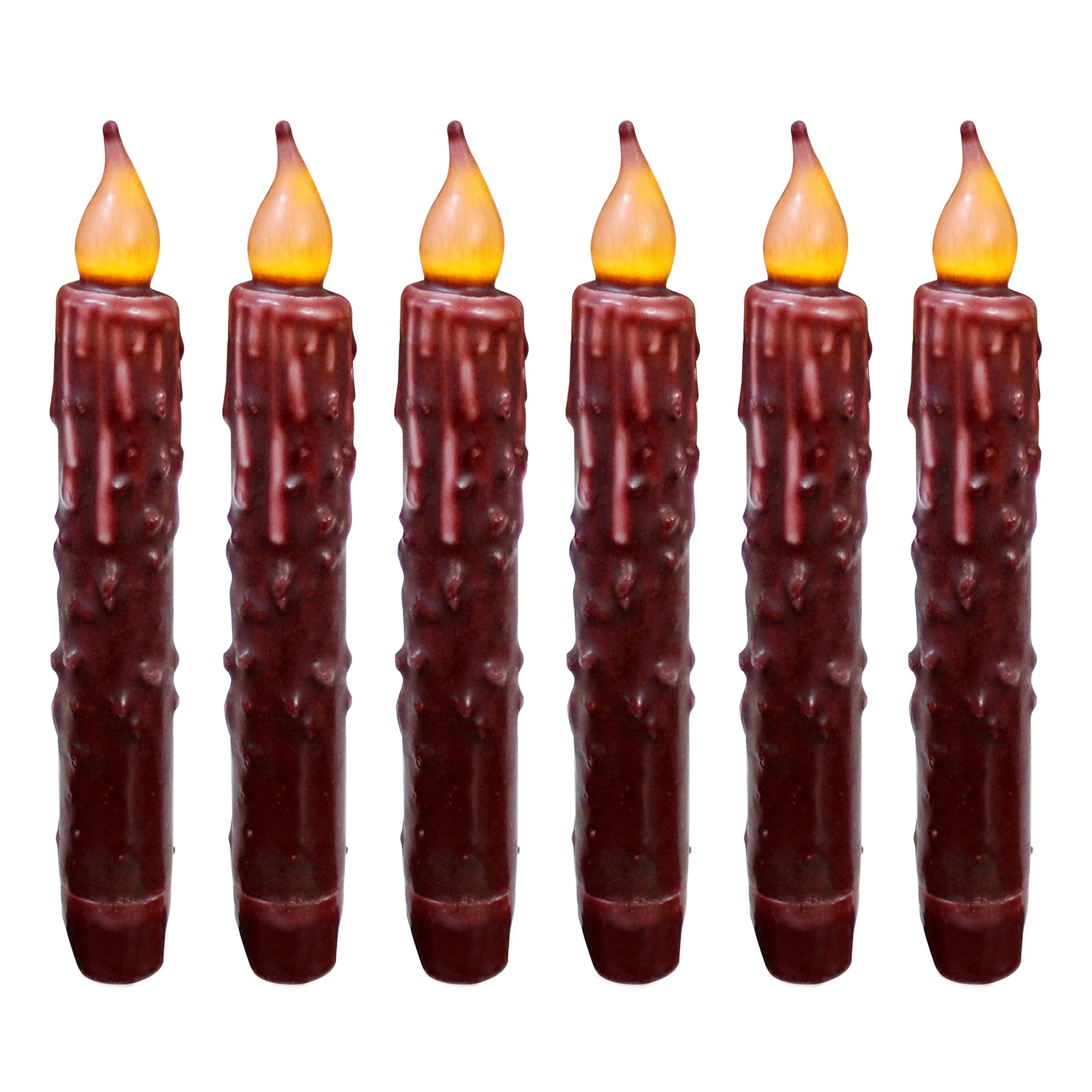 CVHOMEDECO. Real Wax Hand Dipped Battery Operated LED Timer Taper Candles Rustic Primitive Flameless Lights Décor, 6.75 Inch, Burgundy, 6 PCS in a Package