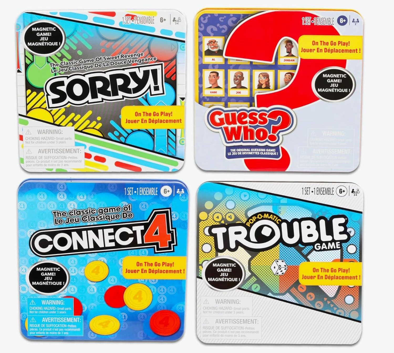 Gaming Magnetic Game Travel Set for Kids - Bundle with 4 Travel Games in Tin Featuring Connect 4, Sorry, Trouble, Guess Who | Travel Games for Kids 8-12 (NOT 3D Game Pieces)