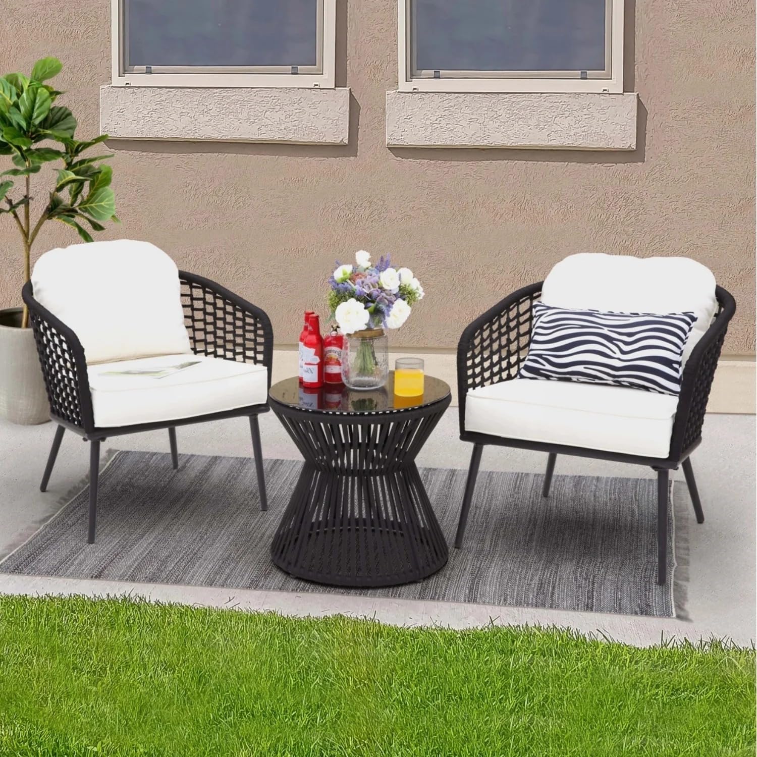 LOCCUS 3-Piece Outdoor Patio Furniture Set | 2 Rope Wicker Chairs + 1 Round Glass-Top Side Table | All-Weather Rattan Conversation Set for Balcony, Garden & Patio | Comfortable & Compact Design