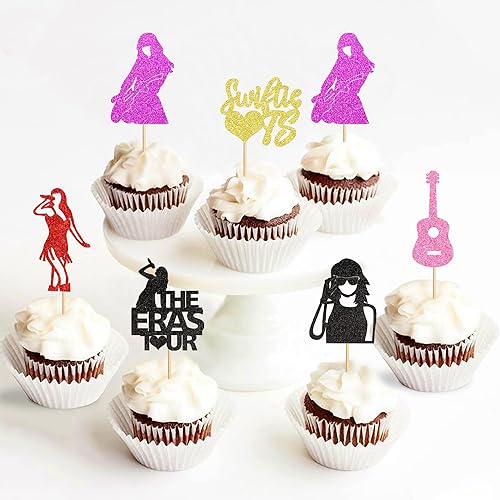 Miniatura 3 de Ercadio Swiftie - Paquete de 24 adornos para cupcakes con purpurina para cantante musical, guitarra, cupcakes, I Love Ts Lovers para Legand Since