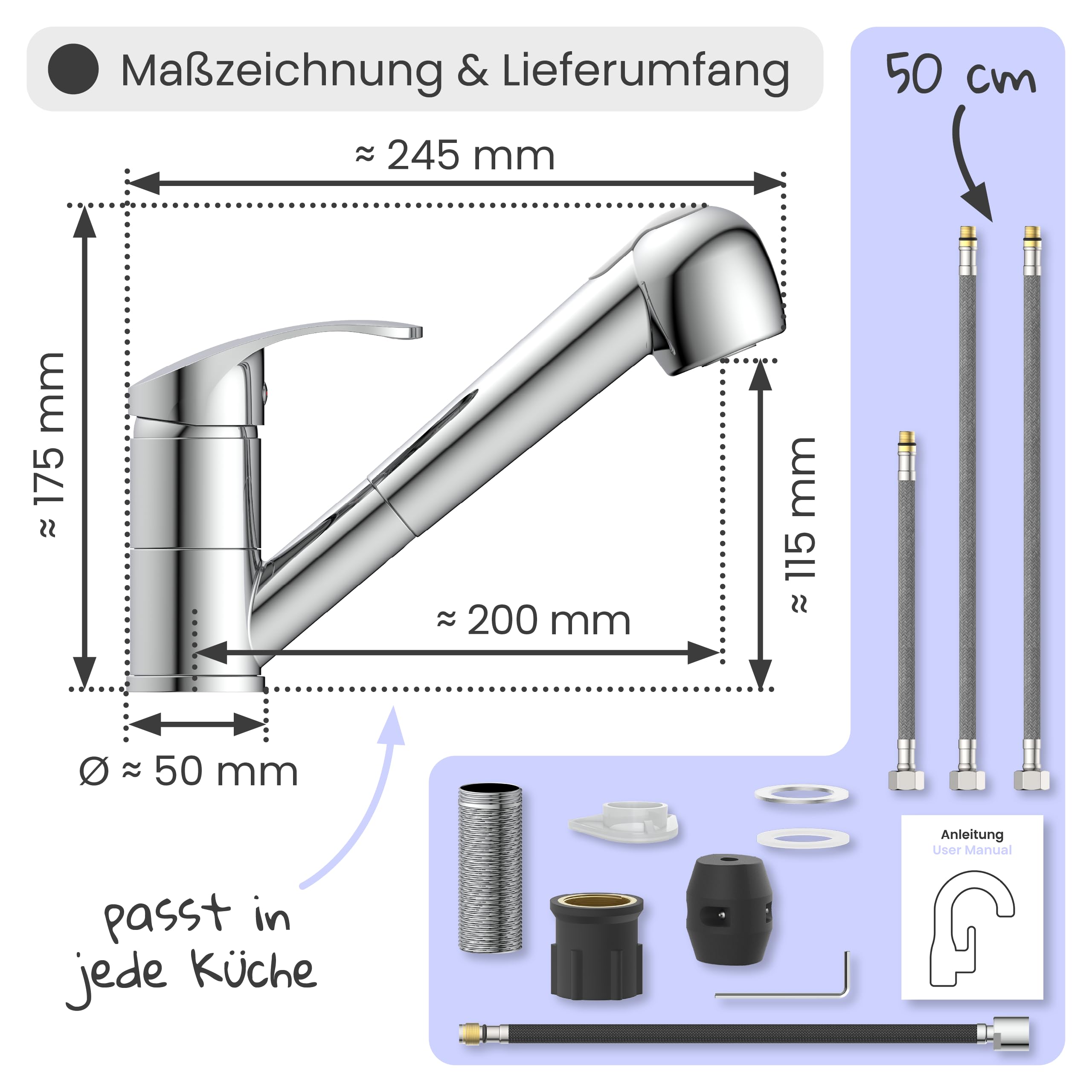 instmaier Elena | Küchenarmatur mit Geschirrbrause | Chrom | Wasserhahn Küche ausziehbar | Spültischarmatur mit 2 Strahlarten | Einhebelmischer mit Brause | 90° schwenkbare Mischbatterie