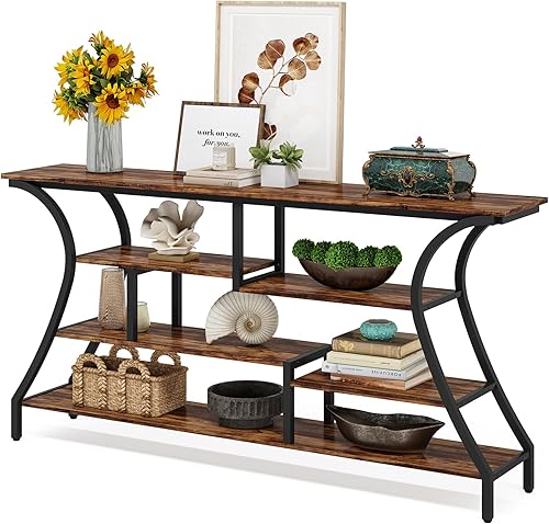 Miniatura 8 de Tribesigns Mesa consola extra larga de 70.9 pulgadas, mesa de sofá industrial estrecha con estantes de almacenamiento, mesa de entrada de 4 niveles
