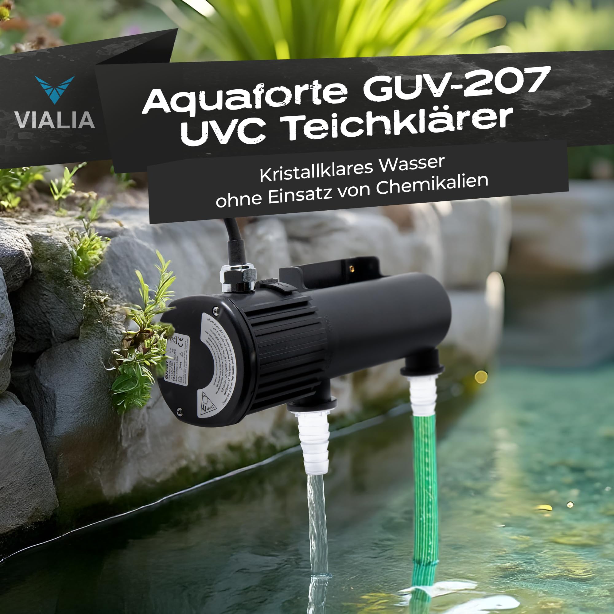 UVC Klärer, Modell: GUV-207, 7 Watt, 1.200 l/h, Teichklärer mit 2 Anschlüssen 20/25/32/40 mm, UV-Schauglas und Quick Lock-Anschluss, Teichfilter mit Pumpe für den Gartenteich
