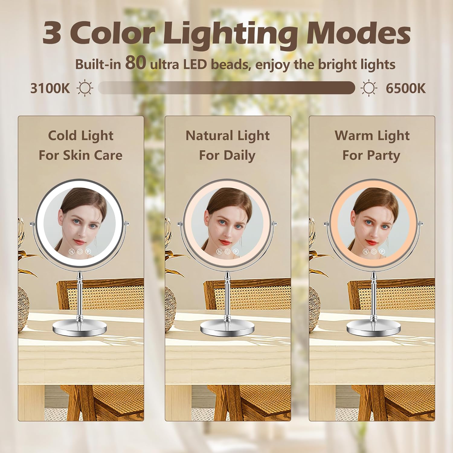 9" Large Lighted Makeup Mirror, 1X/10X Magnifying Makeup Mirror with 3 Colors Dimmable Lightning, 80 LED Lights, 360°Rotation Double Sided Standing Vanity Mirror