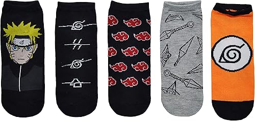 Naruto Shippuden Calcetines Cosplay (5 pares) - (1 tamaño) Akatsuki Calcetines de corte bajo Naruto Anime Calcetines Mujeres y Hombres, Multicolor