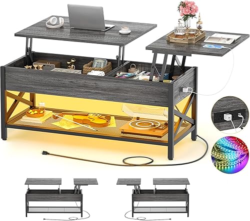 Miniatura 8 de Aheaplus Mesa de Centro de Café con Tapa Elevable con Luz LED y Toma de Corriente, Mesa Moderna con Estante de Almacenamiento para Sala de Estar,