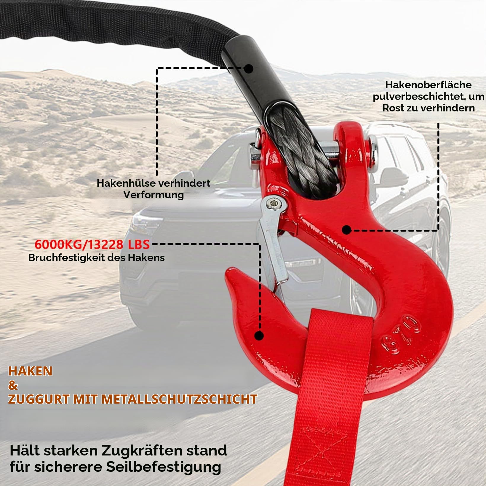 Kunststoffseil Windenseil, 8mm x 15m Abschleppseil, 12-Strand Synthetikseil mit Schutzhülle und Metallhaken, Forstseil Maximale Zugkraft 6000KG/13228 LBS, für ATV UTV SUV LKW Boot Offroad