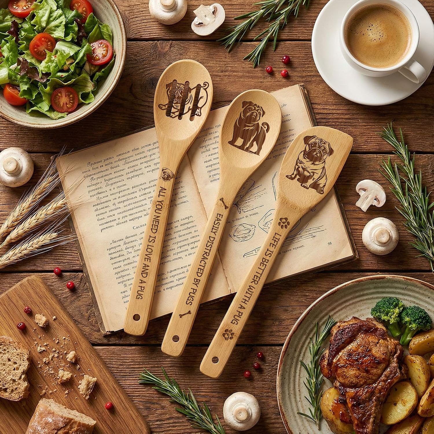 Pug Gift for Housewarming - 5 PCS Pug Bamboo Spoon Decor Kitchen Utensils