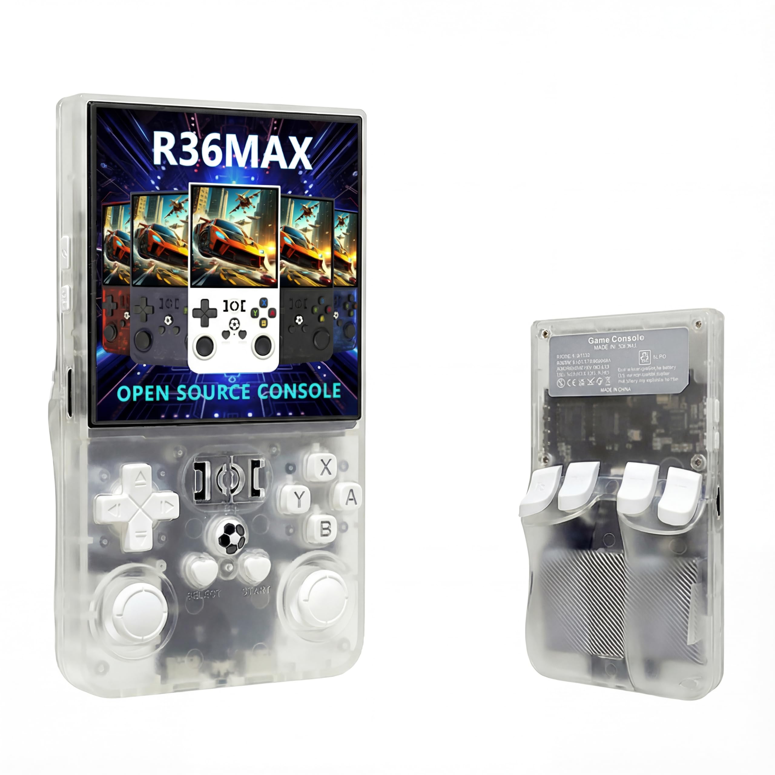 R36MAX 携帯ゲーム機 ポータブルゲーム機 4インチ720×720 IPS HD ハンドヘルドゲームコンソール エミュレーターゲーム機本体 30+レトロゲーム内蔵 RK3326搭載 4000mAh バックキー付 二人プレイ対応 (フロストクリア, 128G)