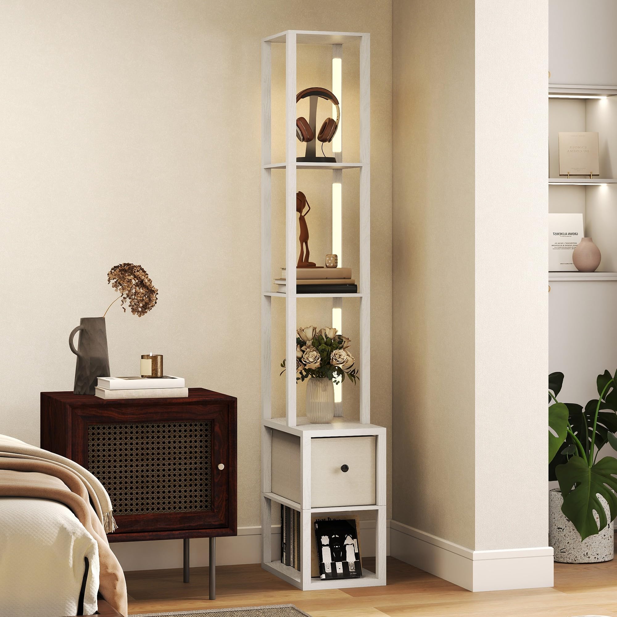 HOMCOM Lámpara de Pie Moderna 169 cm con Estantes Abiertos Lámpara de Pie para Salón con Cajón de Tela e Interruptor de Pie para Dormitorio Oficina Sala de Estar Blanco