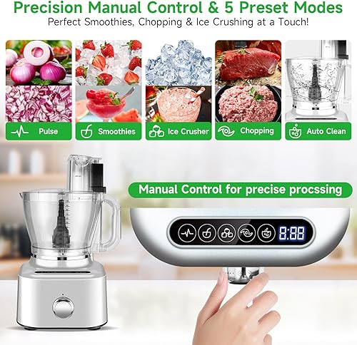 Miniatura 4 de Homtone Procesador de alimentos de 16 tazas, procesadores de alimentos grandes 11 en 1 y combo de licuadora, 5 modos preestablecidos para picar,