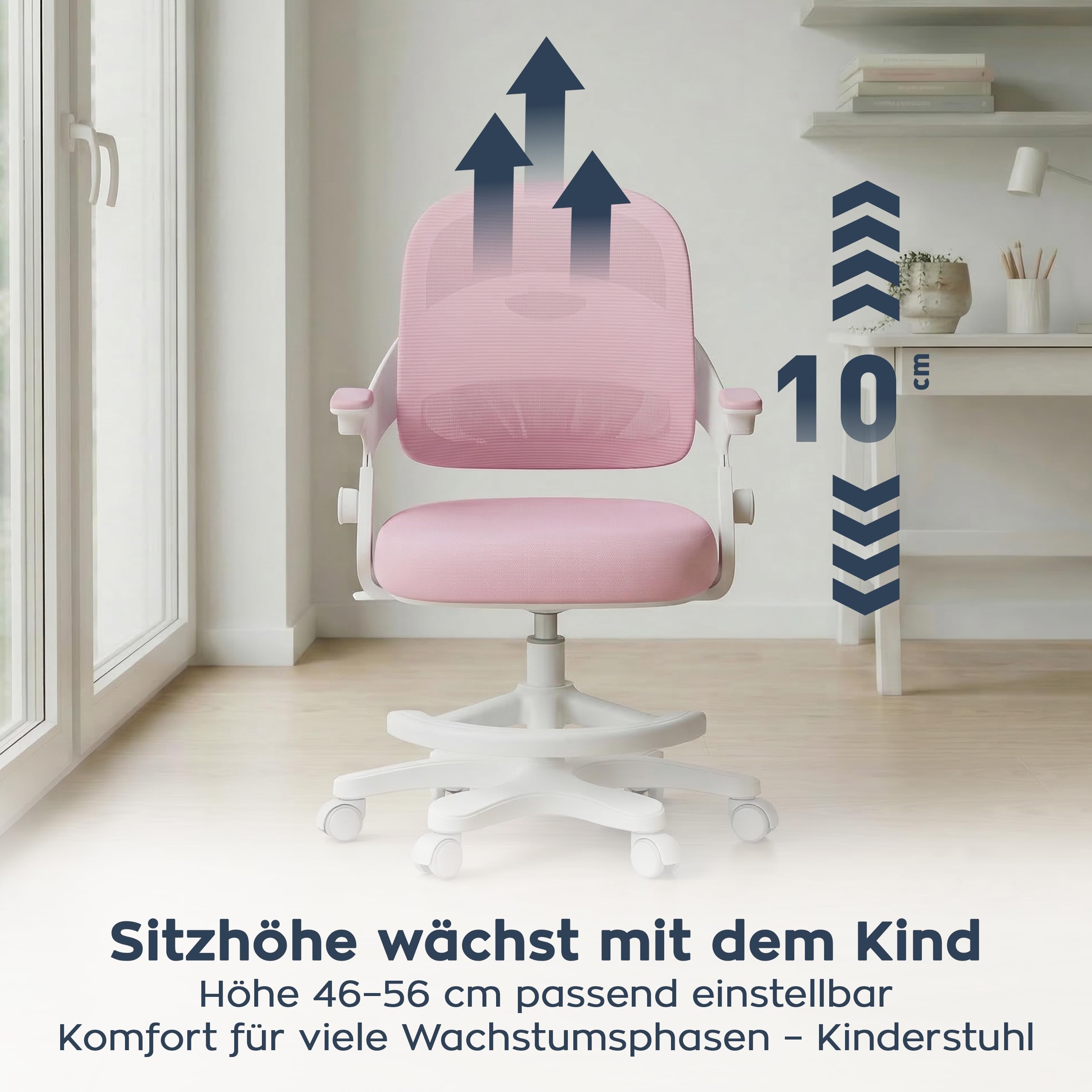 MARK ADLER Junior 4.3 Kinder Bürostuhl – Ergonomischer Kinderdrehstuhl | Mitwachsender Kinderstuhl 90–150 cm – Verstellbare Rückenlehne – Mit Fußstütze – Klappbare Armlehnen 0–90° - Rosa