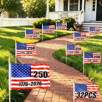 250th Anniversary Flag, 32 Pack Small American Flag on Stick 1776-2026 Mini USA Patriotic Handheld Flags for 4th of July Outside Parade Decorations,4x6 Inch