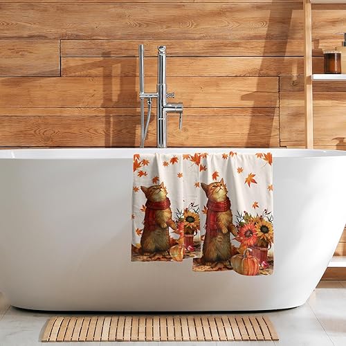 Miniatura 7 de Giwawa Juego de 2 toallas de mano de gato de otoño con hojas de arce, juego de 2 toallas de baño pequeñas suaves para la punta de los dedos, toallas