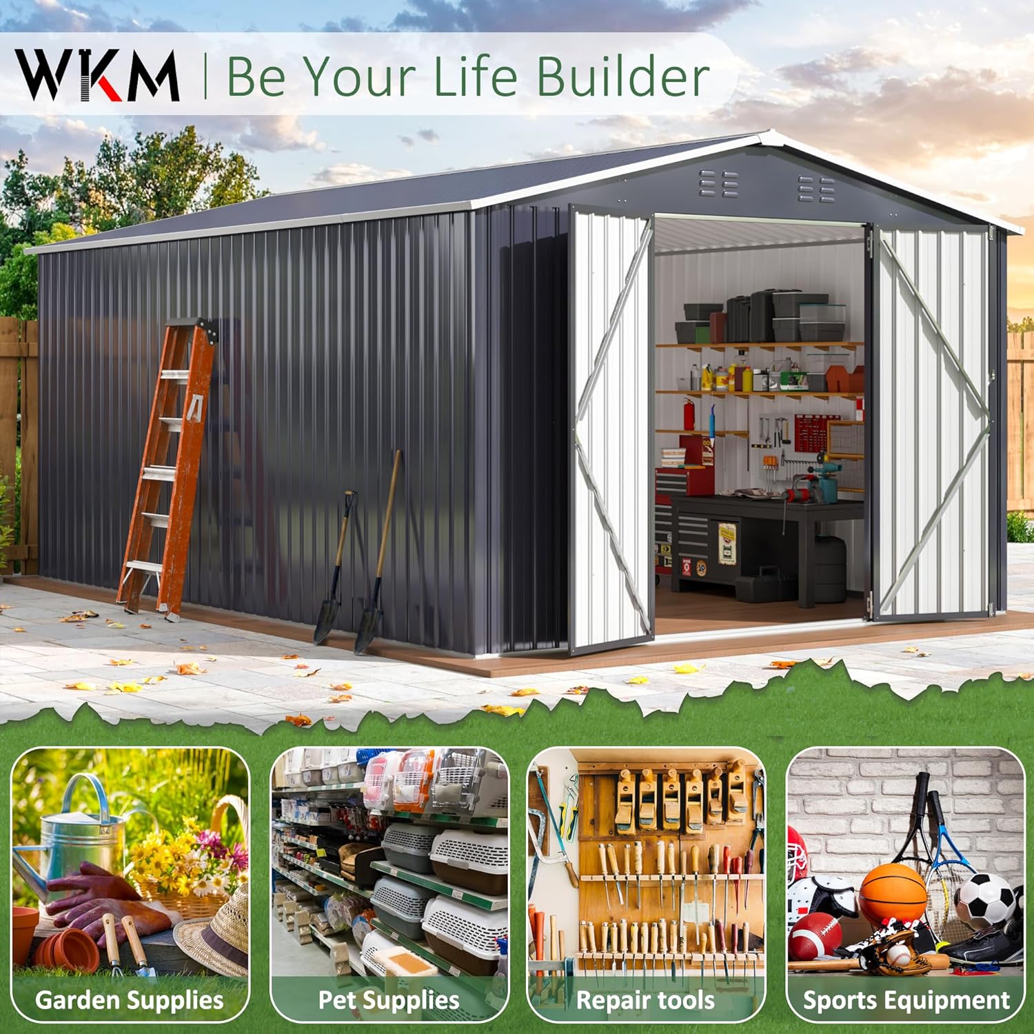 WKM 10x14 FT Outdoor Storage Shed, Metal Shed with Updated Frame Structure and Lockable Doors, Large Steel Yard Shed, Utility Tool Storage for Garden, Backyard, Patio Lawn, Black WKM 10x14 FT Outdoor Storage Shed, Metal Shed with Updated Frame Structure and Lockable Doors, Large Steel Yard Shed, Utility Tool Storage for Garden, Backyard, Patio Lawn, Black