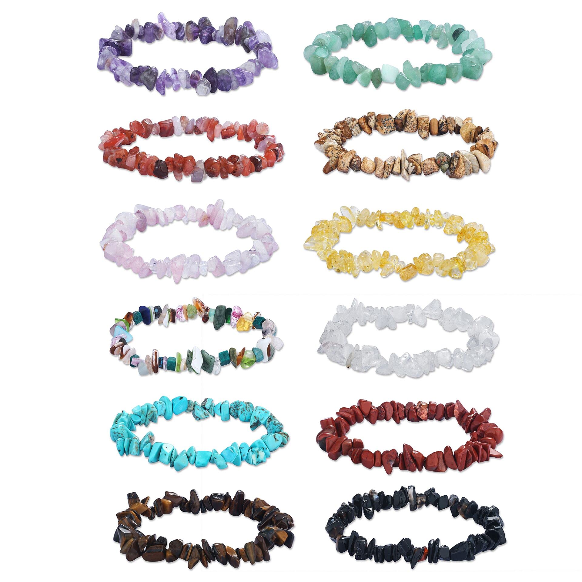 WRCXSTONE 12Pcs Natural Stone Stretch Bracelet for Women Gemstone Chakra Crystal Healing Chip Bracelet Tumble Polished Reiki Bracelet Set