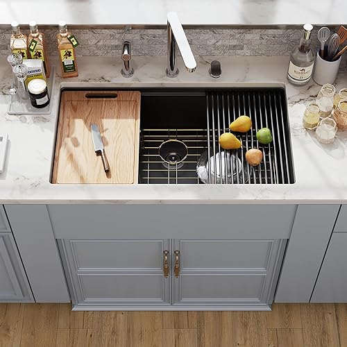 Fregadero de cocina compuesto de granito negro 33, fregadero de granito de montaje inferior de cuarzo de 33 x 19 pulgadas, repisa para estación de