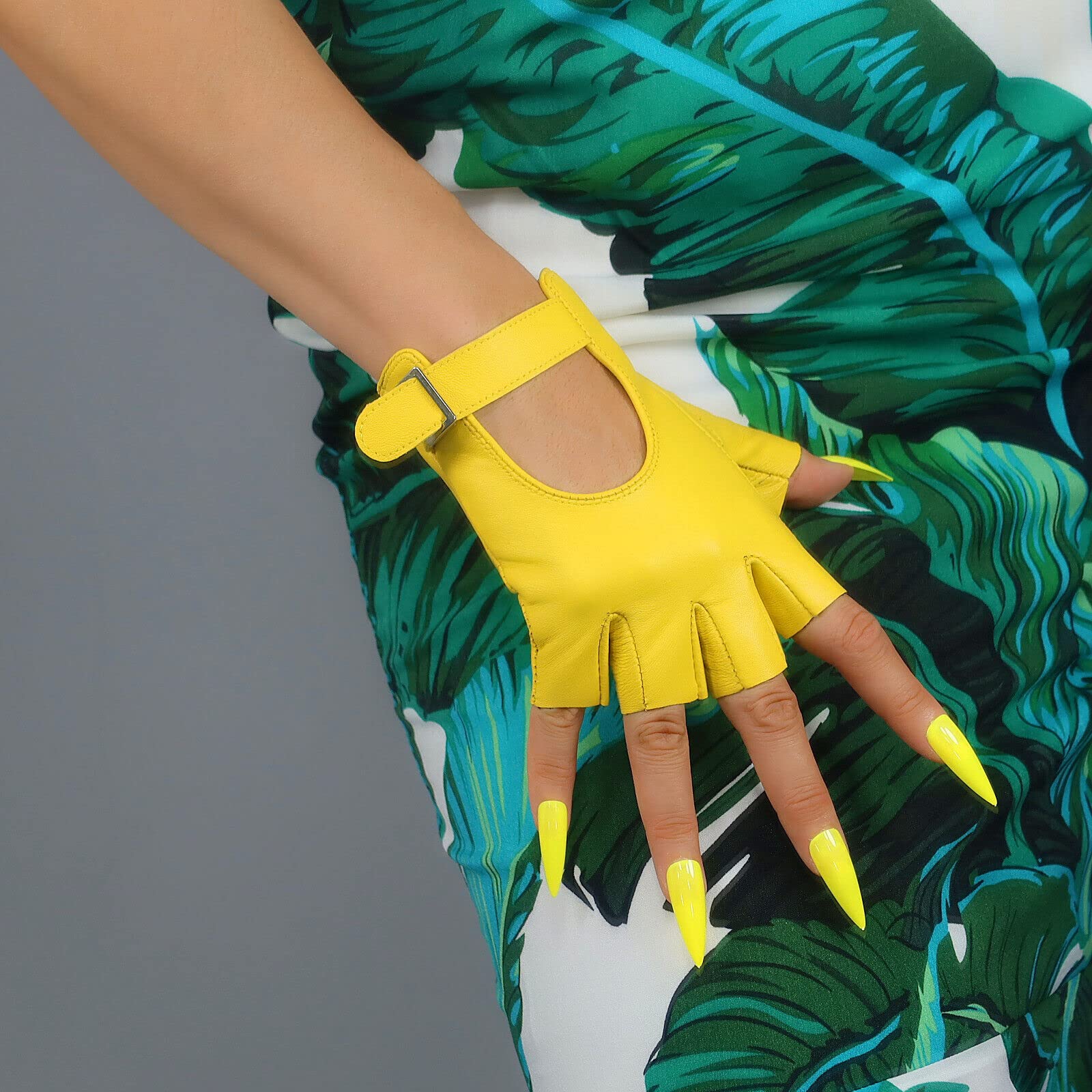 DooWay Women's Short Leather Driving Gloves Yellow Half Finger Genuine Sheepskin Thin Single Layer Motorcycle Driving Fingerless Glove