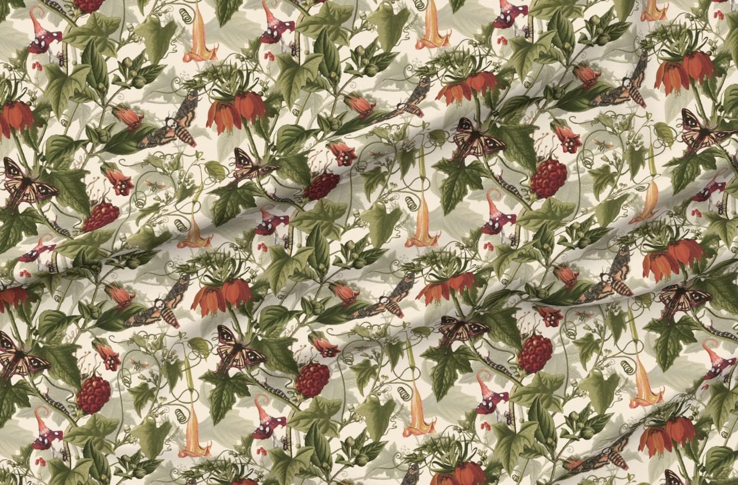 Spoonflower Fabric - Botanical Gothic Muted Colors Vintage Cream Herbal Medicine Moth Printed on Denim Fabric by The Yard - Bottomweight Apparel Home Decor Upholstery