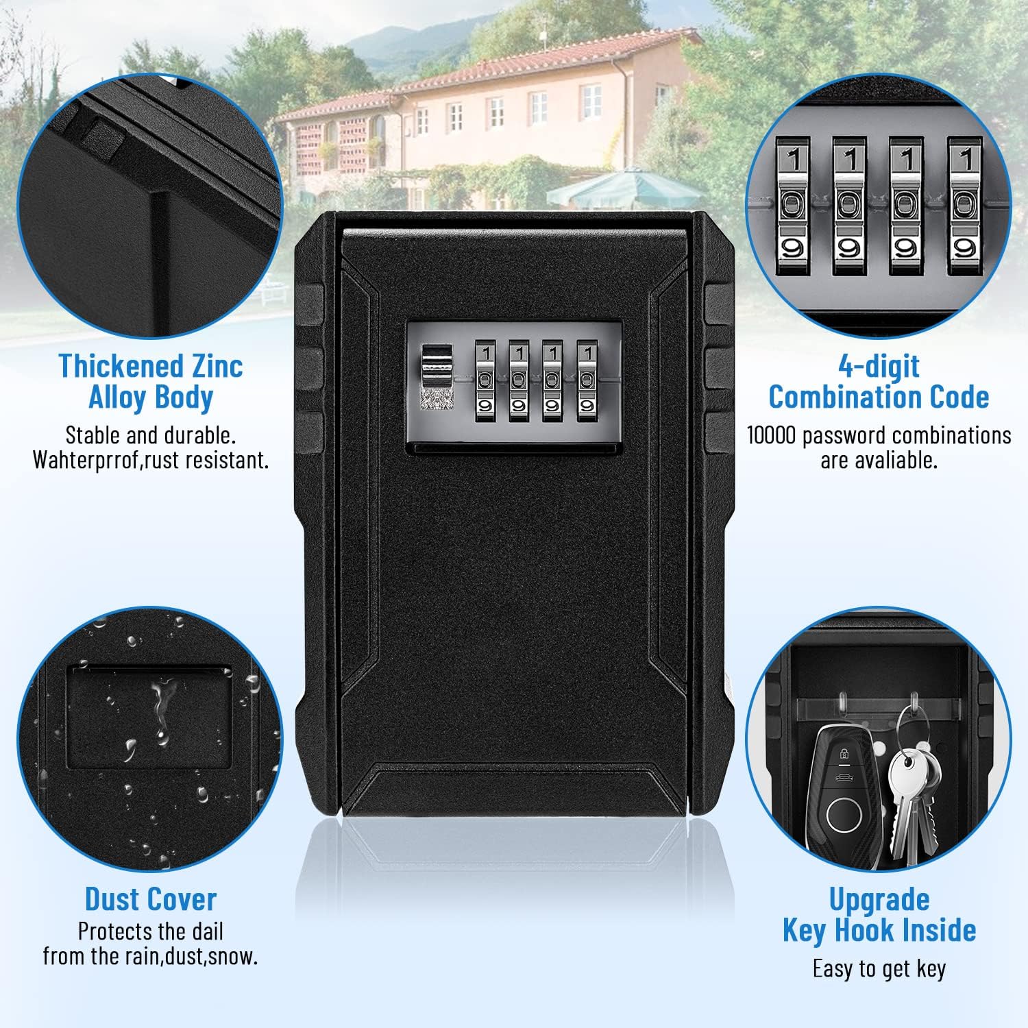 Lock Box For Keys With Code, Waterproof Large Outdoor Key Lock Box Xxl Wall Mounted Security Lock Boxes 4-Digit Combination Lockbox For Home, Rentals & Realtors，Black