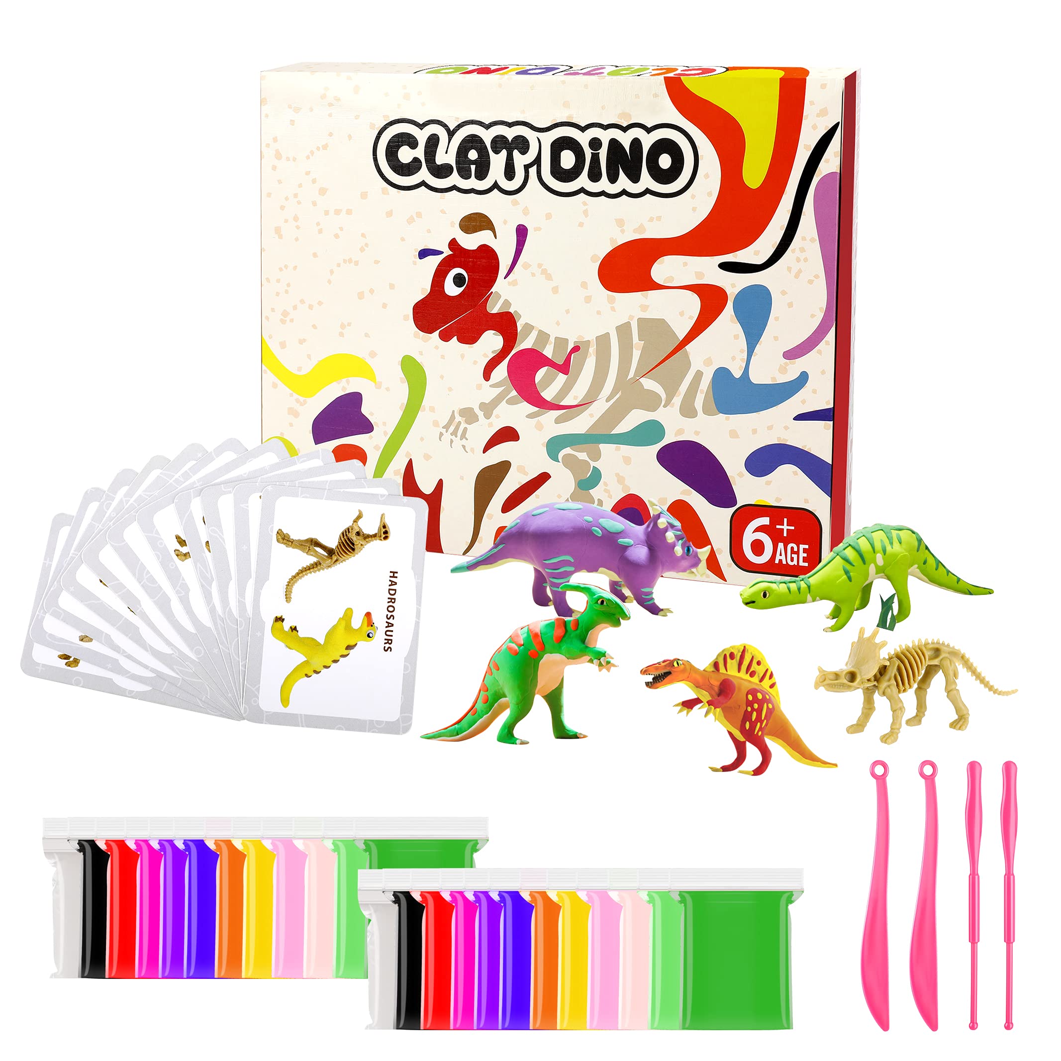 MojiDecor Air Dry Clay, 24 Colors Ultra Light Modeling Clay, DIY Creative Modeling Dough Soft & Stretchable Molding Clay with Tools, Dinosaur Accessories, Best Gift for Boys & Girls 3-12 years old