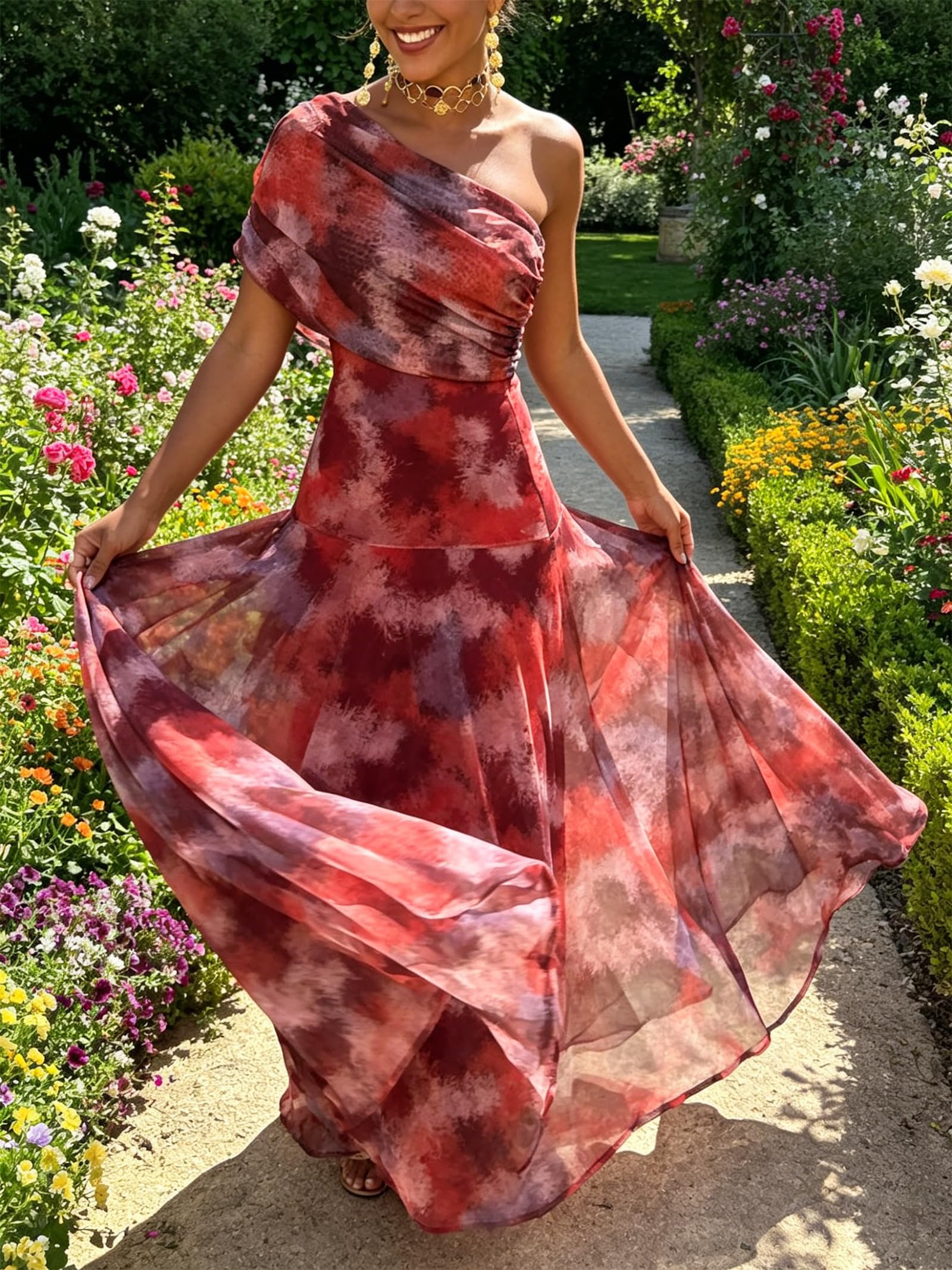 Abito Lungo Aderente da Donna Sexy con Spalle Scoperte, in Chiffon, svolazzante, Casual, per Feste, Matrimoni, Senza Maniche, Plissettato
