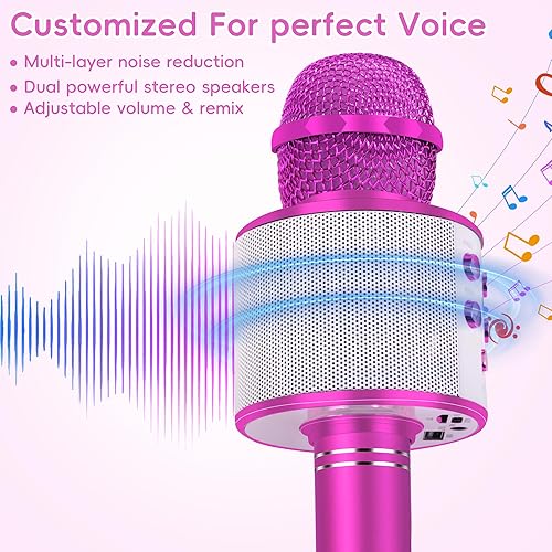 Miniatura 26 de KIDWILL Micrófono de karaoke inalámbrico Bluetooth para niños, 5 en 1, portátil, de mano, con altavoz, grabadora con radio FM ajustable Remix