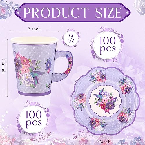 Miniatura 9 de Mifoci 200 suministros vintage para fiestas de té, incluye 100 platos de papel floral y 100 tazas de té de papel desechables de 9 onzas para bebidas