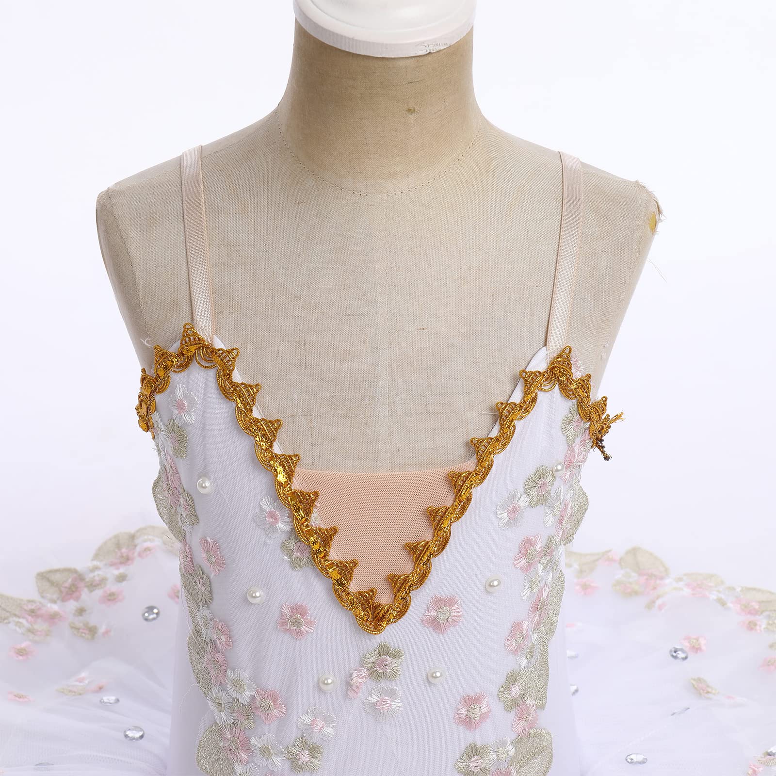 IBAKOM Abito da danza classica, da bambina, con spalline sottili, per balletto, balli e pizzo, con perle, camisole, Bianco – Fiore, 4-5 Anni