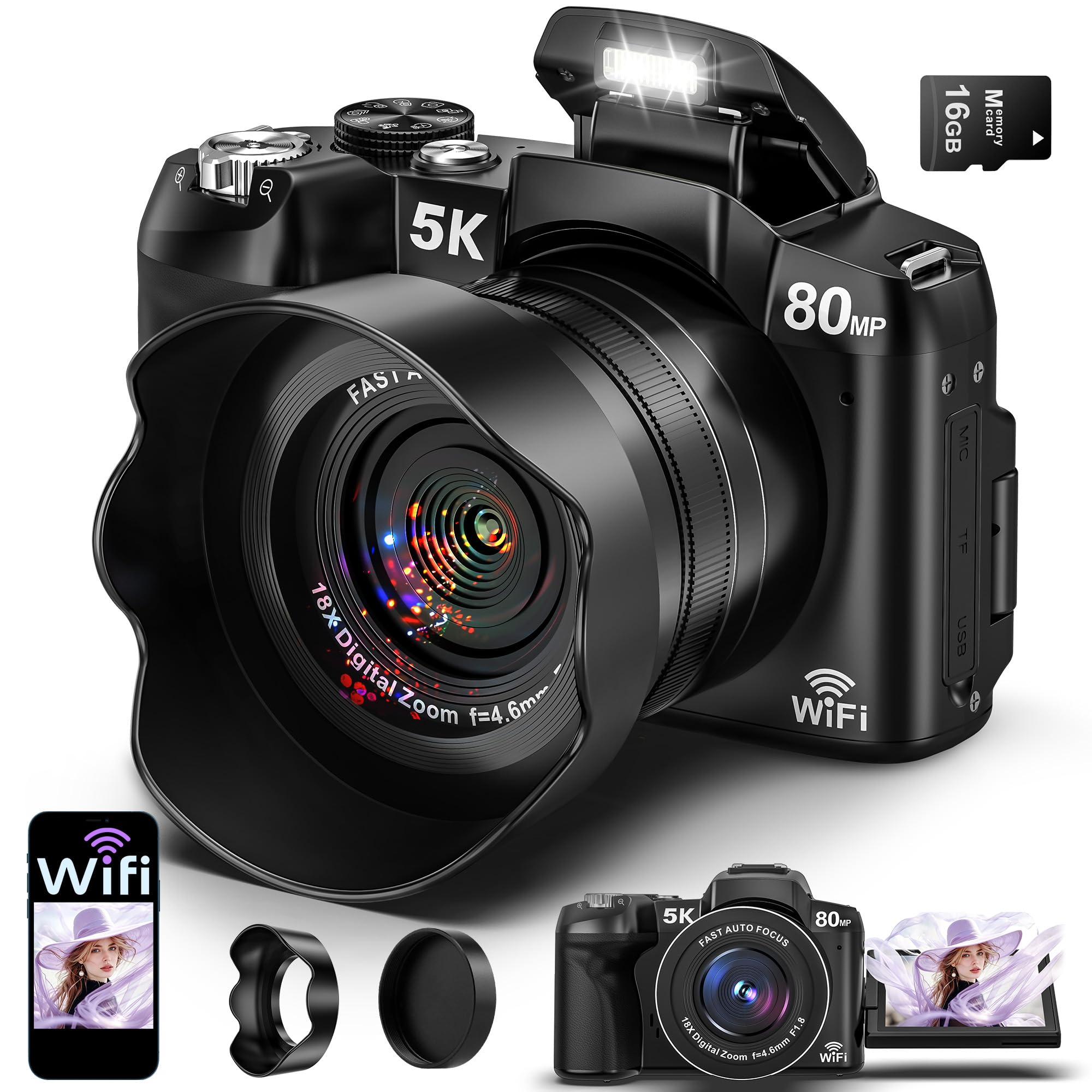 Cameras for Photography 5K Digital Camera WiFi 80MP UHD Autofocus Vlogging