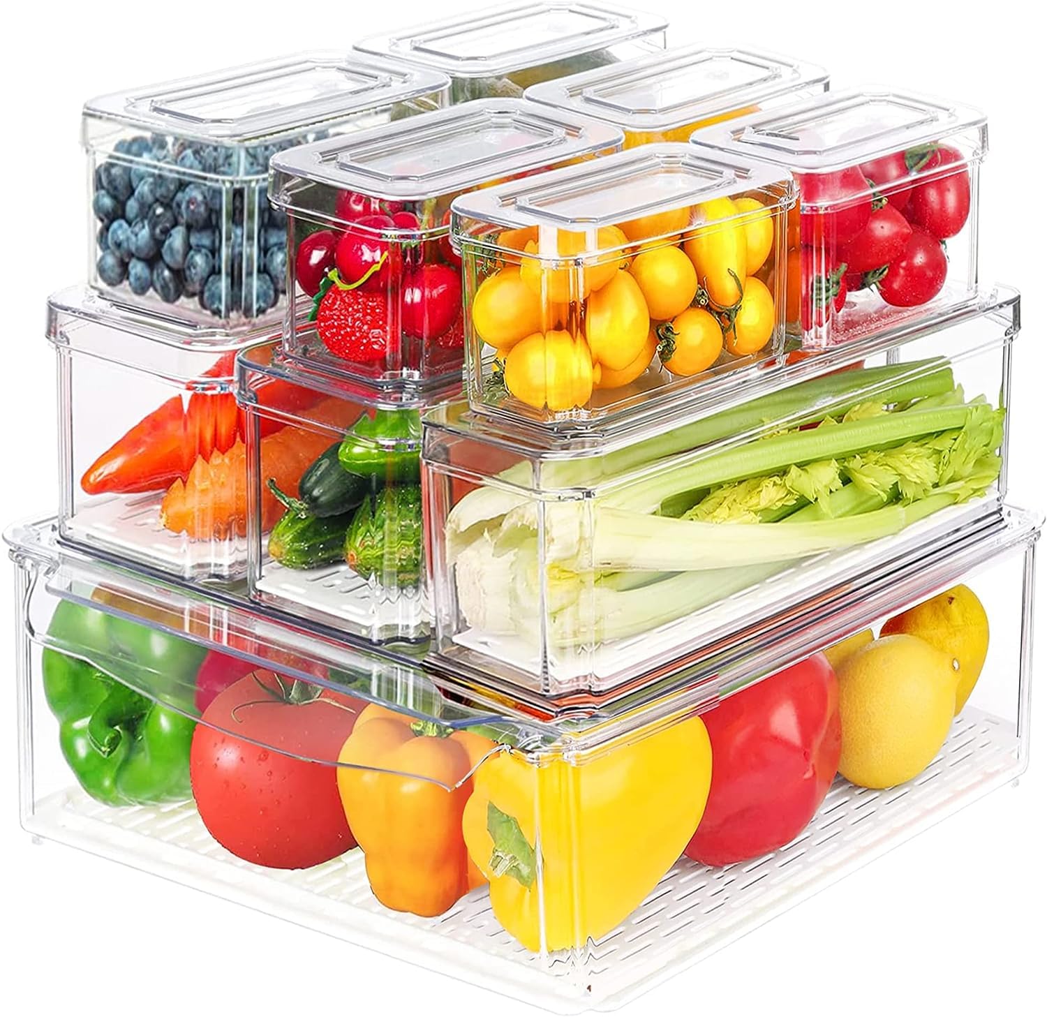10-pack Clear Stackable Refrigerator Organizer Bins with 4 liners, Plastic Pantry Organization and Storage Bins with lids Vegetable Fruit Storage Containers for Fridge