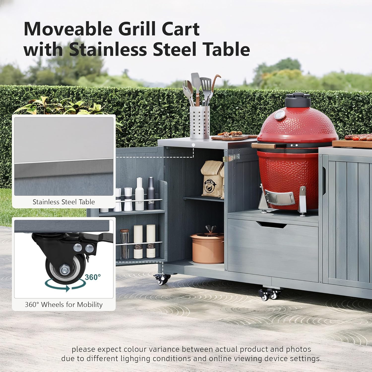 66.5" Outdoor Kitchen Island for Big Green Egg Grills, Solid Wood Grill Cart for Tabletop Grill with Stainless Steel Top, Drawer, Compatible with Large Big Green Egg, Kamado Joe-Grey Blue